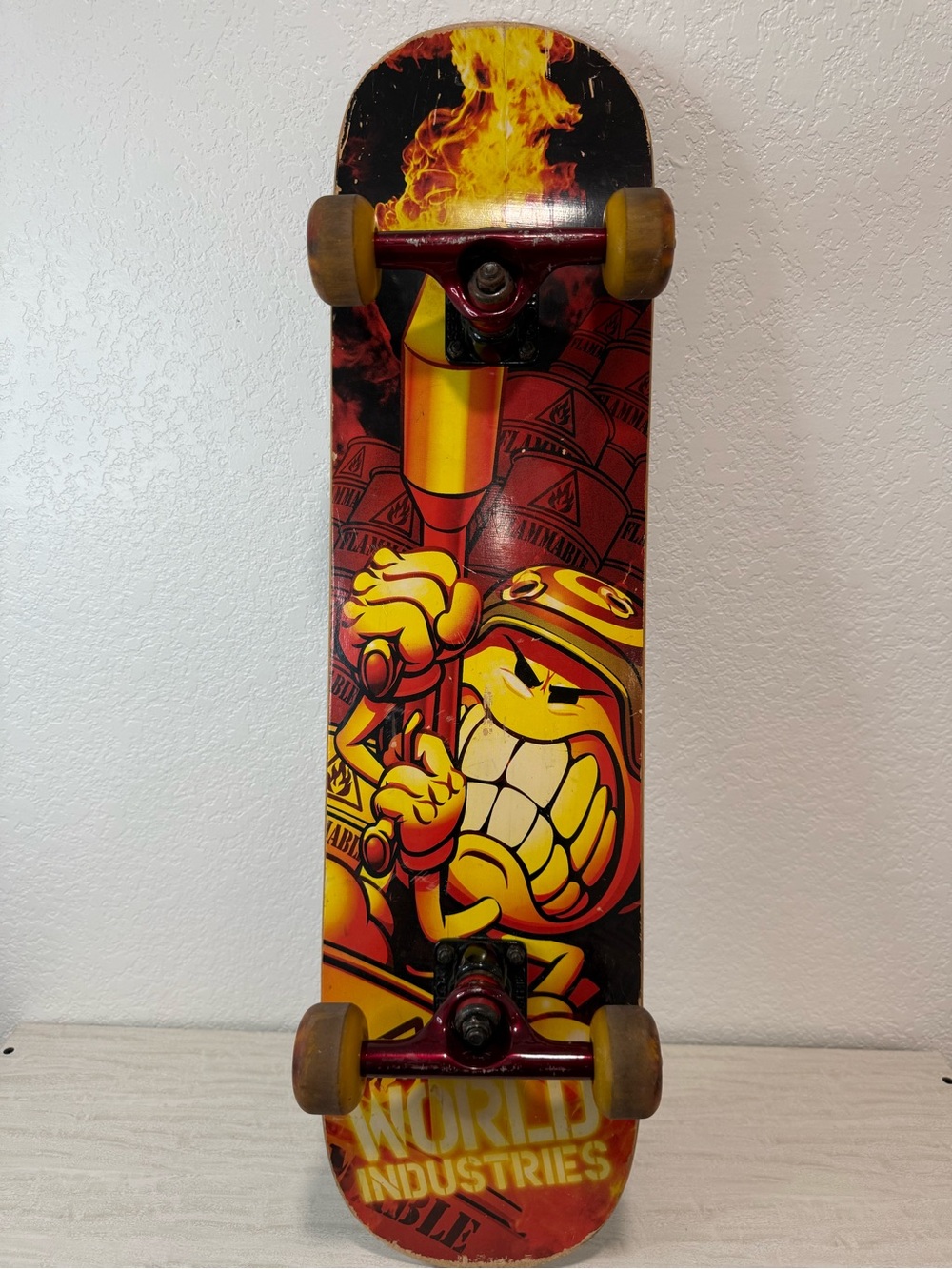 Vintage WORLD INDUSTRIES Flameboy 31 Used Skateboard , Yellow Wheels
